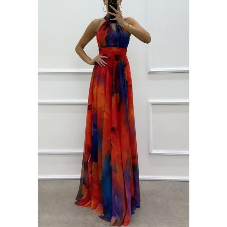 Women Lace Dresses Sleeveless Printed Round Neck Big Swinging Collar