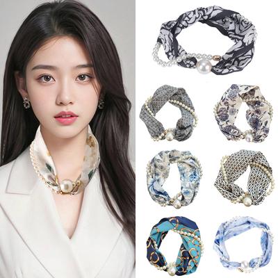 Elegant Satins Neck Scarf Wrap with Pearls Chain Necklace and Magnetic Buckle for Women Vintage Floral Silk Neckerchief