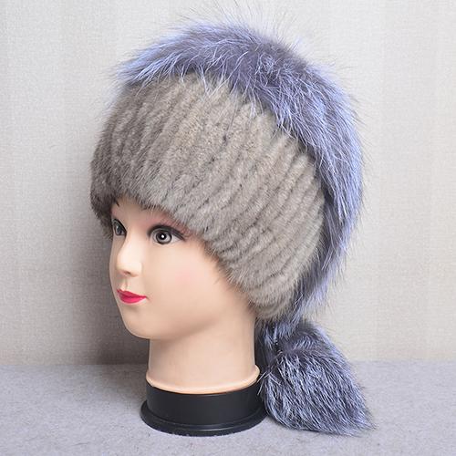 Hot Sale Real Mink Fur Hat For Winter Women Imported Knitted Mink Cap With Fox Fur High Quality Women Warm Real Fur Beanies Hat