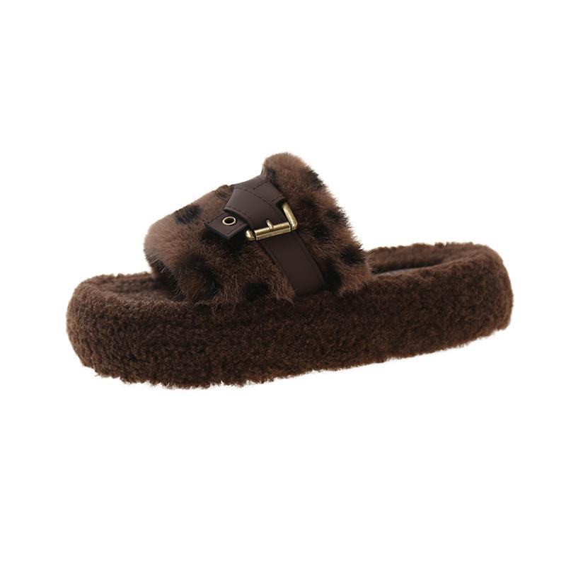 2025 Autumn and Winter New Leopard Print Bag Head Half Slippers Women's Thick Bottom Home Lazy Warm Versatile Outer Wear Mao Mao Shoes Tide