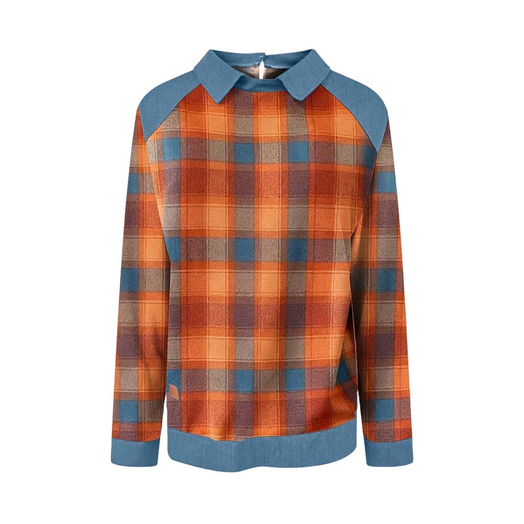 Women's Casual Long Sleeve Plaid Sweatshirt with Denim Patchwork