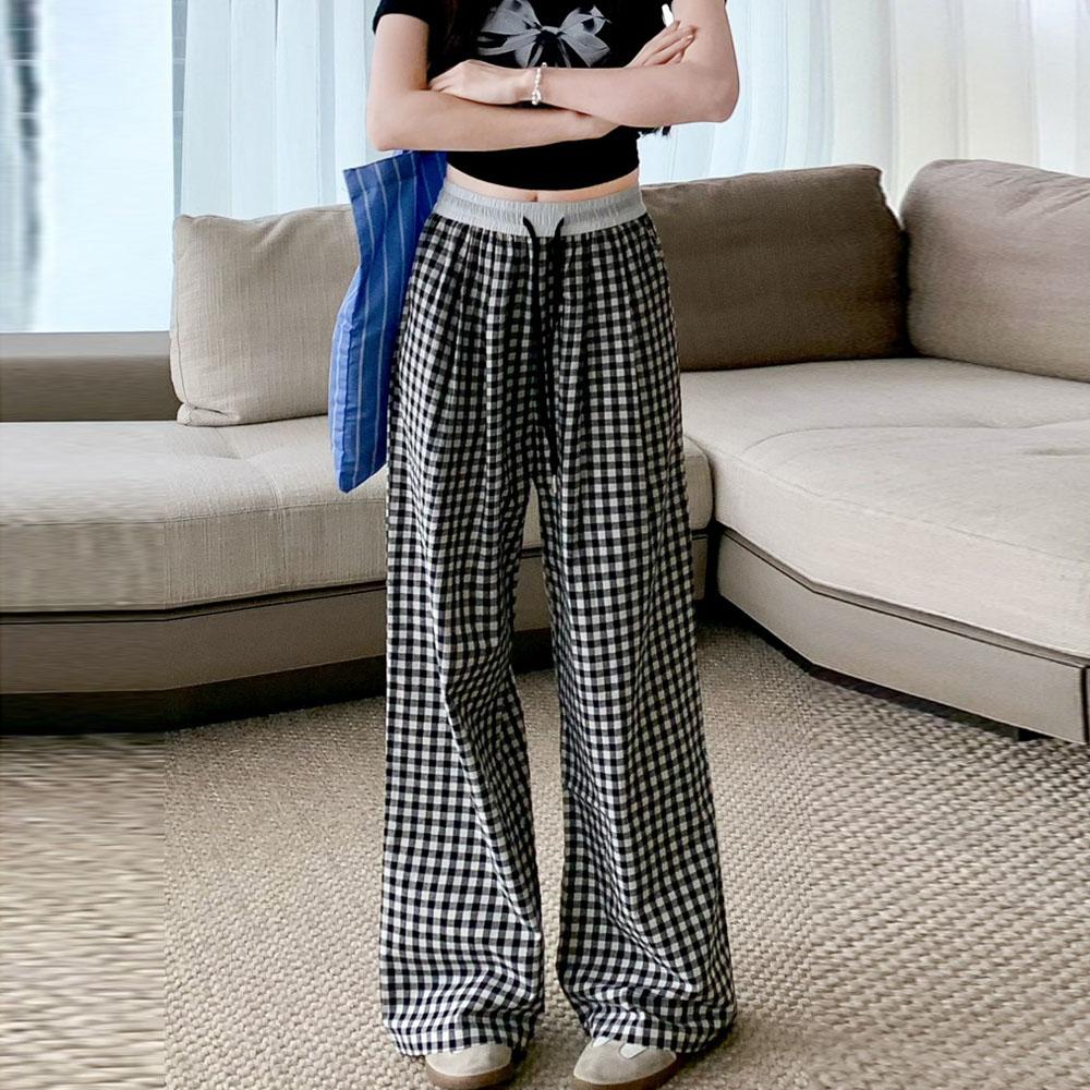 Women's Thin Summer Casual Plaid Pants Straight Trousers Jogger Jogging Pants Sweatpants Streetwear Women