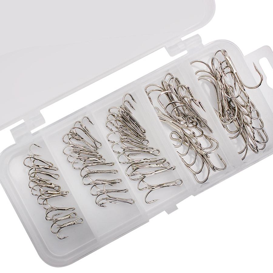 50pcs Barbed Fishing Treble Hooks Mix 2-10# High Strength Carbon Steel Hooks for Ice Sea Carp Fishing Lure Sharp Durable Tackle 260319