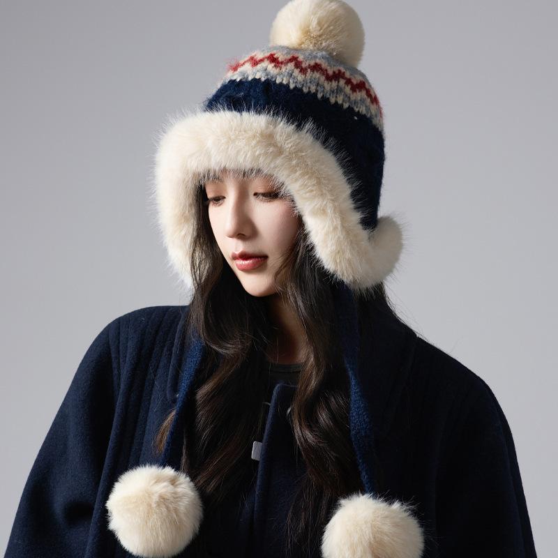 Korean Version Hat Winter Women'S Cute Hairball Knitted Hat Big Head Circumference Autumn Windproof Headgear Ear Protection Warm Hat