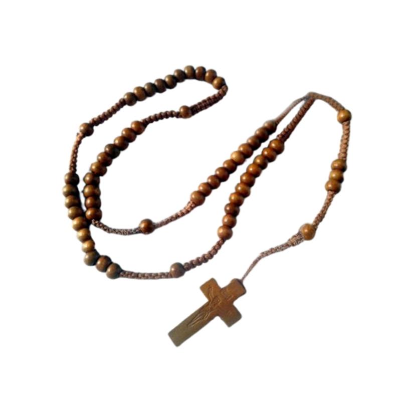 Wood Beads Cross Rosary Necklace Hangable Pendant Crafts Long Bead Chain for Christmas Party Church Decorations