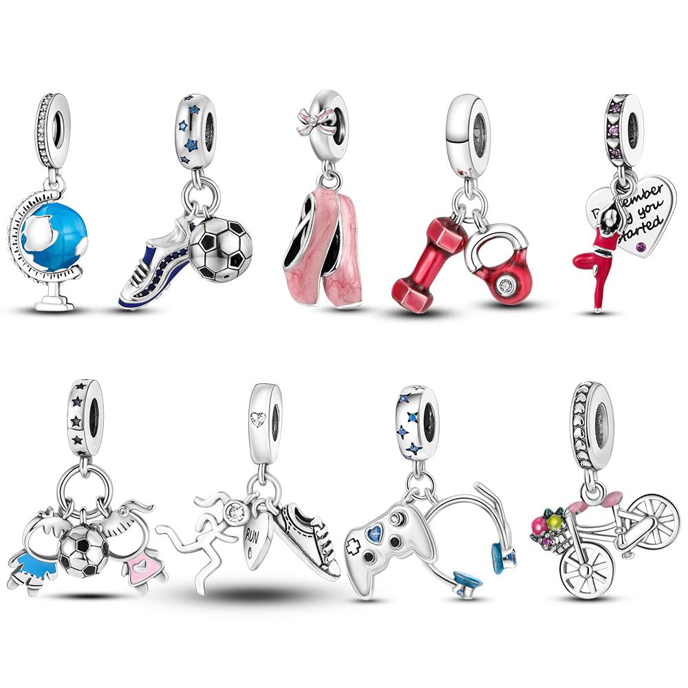 Copper Plated World Football Sport Soccer Dumbbell Yoga Dangle Charm Fit Mula Bracelet Necklace Beads Women Jewelry Making