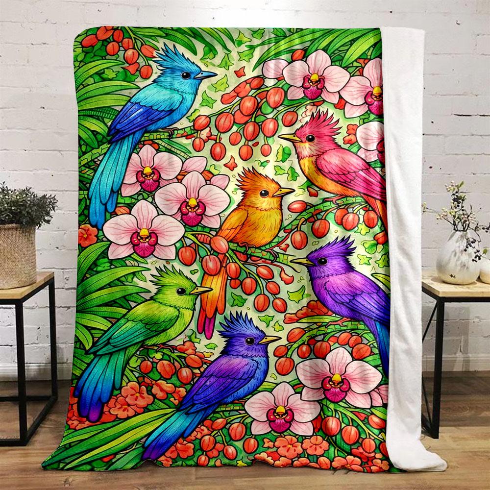 Colorful Birds and Orchids Garden Scene Patterned flannel blanket perfect for the bedroom living room, sofa, or a little nap