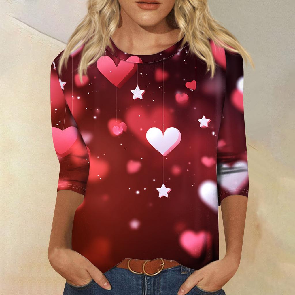 Damen Modisches Lässiges Dreiviertelarm Valentinstag-Druck Rundhals Pullover-Oberteil