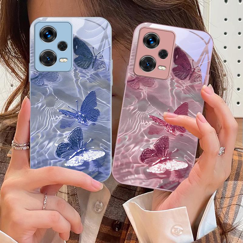 Lucky Butterfly White For Xiaomi 14 Ultra 13 Lite Redmi Note 13 11 Pro 12 Plus Poco X6 3 Pro F4 6 GT Tempered Glass Phone Case