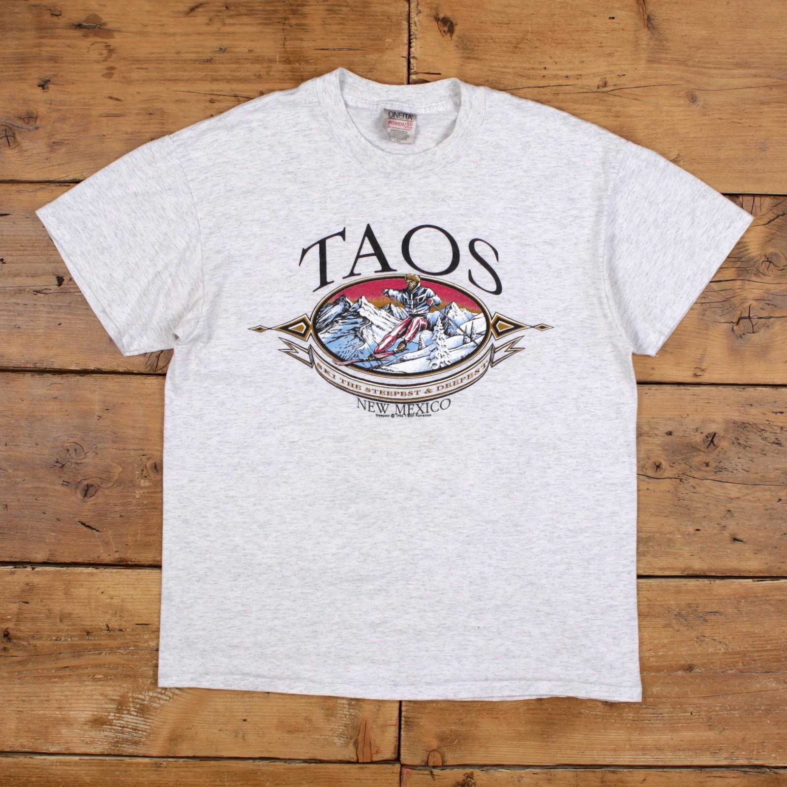 Vintage Oneita T-Shirt L Mens 90s Grey Taos New Mexico Ski Single Stitch S