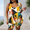 Women Plus Size Scoop Neck Sleeveless Peacock Feather Printed Tank Top And Shorts Two Piece Set