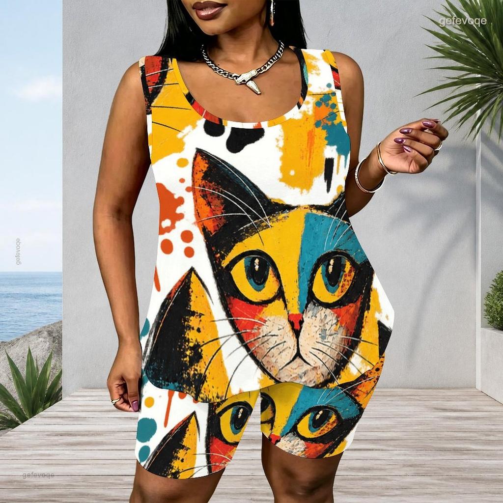 Women Plus Size Scoop Neck Sleeveless Peacock Feather Printed Tank Top And Shorts Two Piece Set