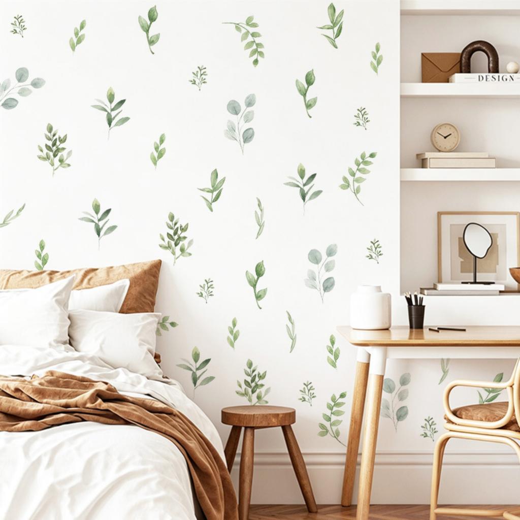 Botanical Leaf Wall Decals, Self-Adhesive Green Floral Wall Stickers for Living Room and Bedroom Decor