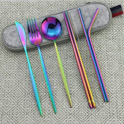 8pc Portable Rainbow Travel Dinnerware Set Knife Fork Spoon Cutlery Set 304 Stainless Steel Flatware Set With Chopsticks Straws