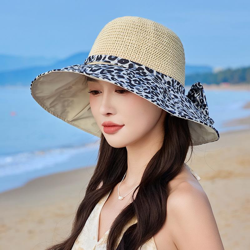 Summer New Hat Women's Sunshade Sunscreen Hat Leopard Print Bow Summer Outdoor UV Protection Bucket Hat