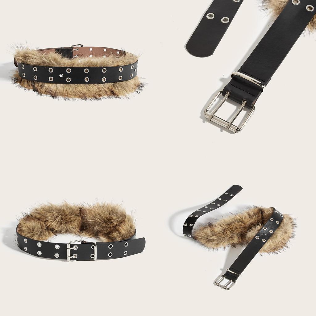 Solid Fashion Color Faux Fur Decoration Women Belt With Double Buckle Breasted