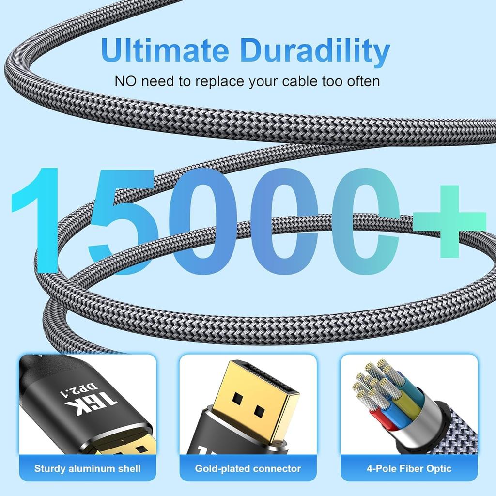 16K DisplayPort Cable 2.1 [16K 60Hz, 8K 120Hz, 4K 240Hz 165Hz 144Hz, 80Gbps HDR10 HDCP DSC 1.2a] Braided DP 2.1 for FreeSync G-Sync Gaming Monitor