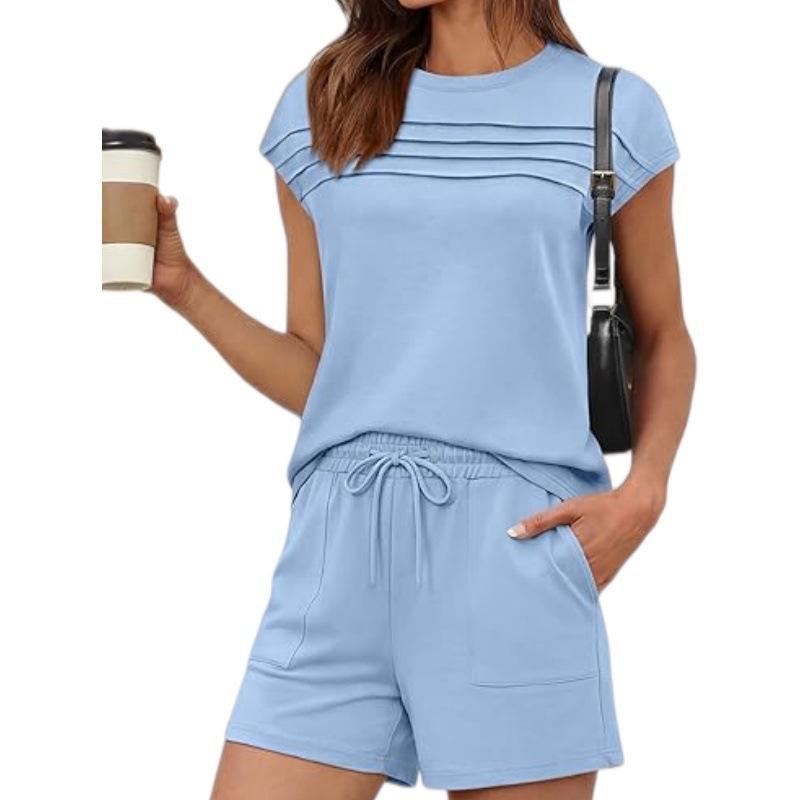 2026 Summer European & American Fashion Striped Casual Top and Solid Color Shorts Set for Women