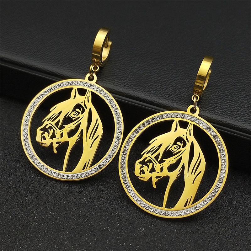 Hohler Pferdekopf Strass Hängeanhänger Ohrringe für Damen Herren Edelstahl Goldfarbe Tier Ohrring Schmuck Geschenke E42