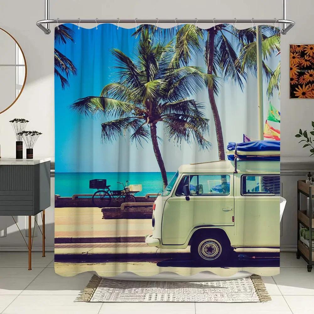 Vintage Letnie Wakacje Retro Bus Camper Van Zasłony Prysznicowe Deska Surfingowa Palma Łazienka Wystrój Domu Zasłona do Wanny z Haczykami