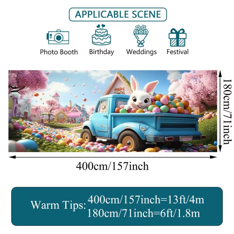 2D Easter Bunny Truck Backdrop Cloth Spring Cherry Blossom Village Outdoor Decor