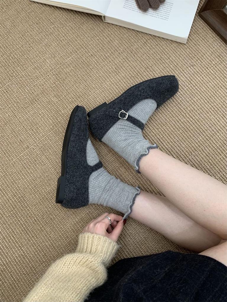 Gray Fluffy Shoes for Women To Wear In Autumn and Winter, New Korean French Mary Jane Shoes, Plush Warm Flat-soled Woolen Single Shoes