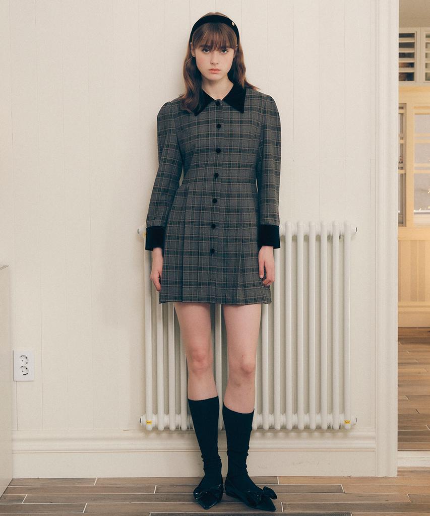Lora Lora Check Collar Pleats One-Piece Gray