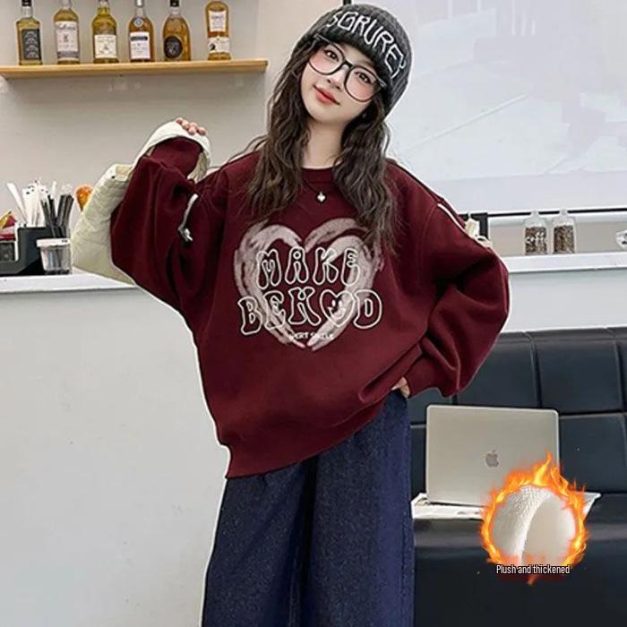 Girls' Fleece-Lined Spliced Sweatshirt: Stylish Autumn/Winter Pullover for Kids