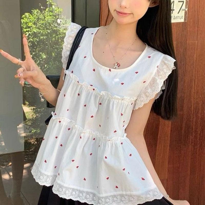Casual Printed Shirts Summer Fashionable Lace Patchwork Women's Korean Sleeveless Vintage Loose Blouse New