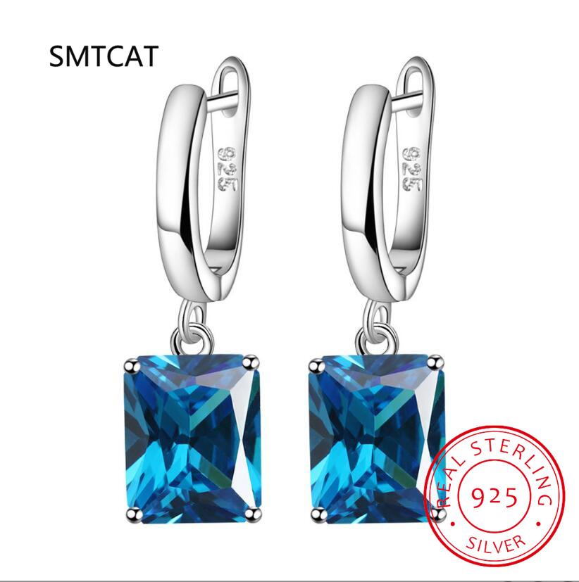 Square Genuine Blue Topaz Amethyst Citrine Garnet Created Sapphire Ruby Emerald 925 Silver Stud Earrings