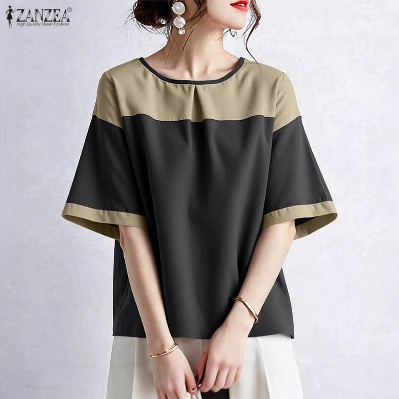 ZANZEA Women Casual Round Neck Loose Patchwork Half Sleeve Blouse