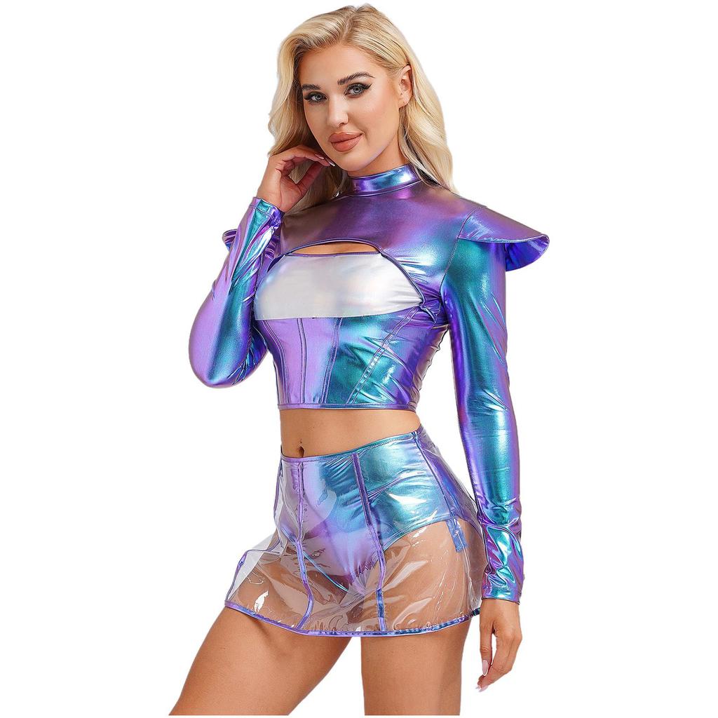 Womens Alien Costume Long Sleeve Hollow Out Cropper Top Transparent Skirt Space Themed Club Wear Outfit