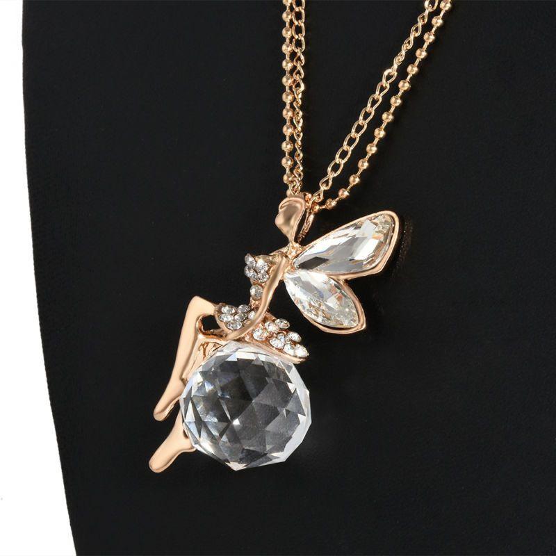 Elegant Fashion Women Crystal Fairy Angel Wing Pendant Long Chain Necklace Gift