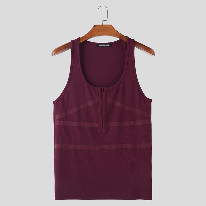 

INCERUN Летние мужские майки в рубчик без рукавов со шнуровкой на молнии и декоративной строчкой, повседневные приталенные 3XL красный