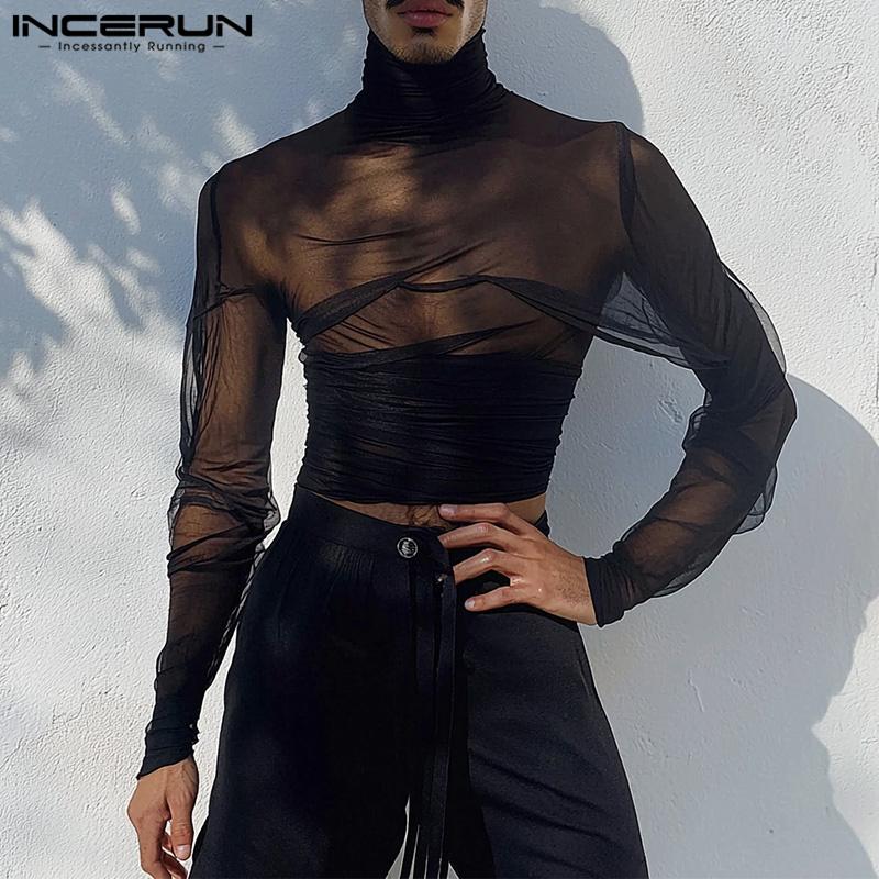 INCERUN Men High Neck Long Sleeve Ruffled See Through Tops Club Party Mesh Irregular T-Shirts