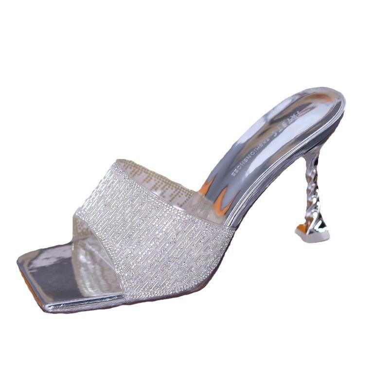 Rhinestone thin heel cool slippers women's 2024 summer new champagne Korean version temperament wear one-word square head high heels