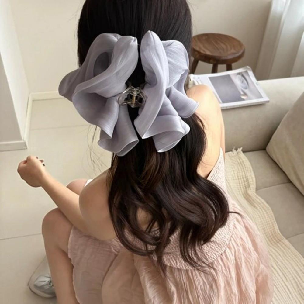 Wrinkled Edge Big Flower Hair Claw Clip Shiny Satin Fabric Hair Grips Large Bow Hair Clips Women