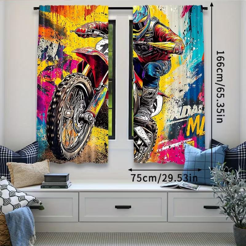 2PC Graffiti Motocross Rider Sheer Curtains - Vibrant Extreme Sports Print Window Drapes for Living Room Man Cave Decor