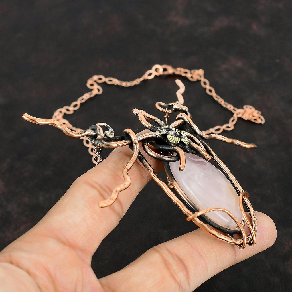 Rose Quartz Necklace Copper Wire Wrapped Necklace Adjustable Chain Necklace Copper Wire Jewelry Handmade Gemstone Necklace Anniversary Gifts