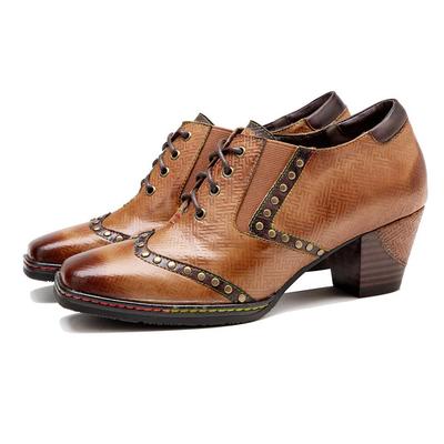Décolleté da donna in vera pelle dipinti a mano vintage con punta quadrata rivetti stringati tacco spesso scarpe con tacco alto