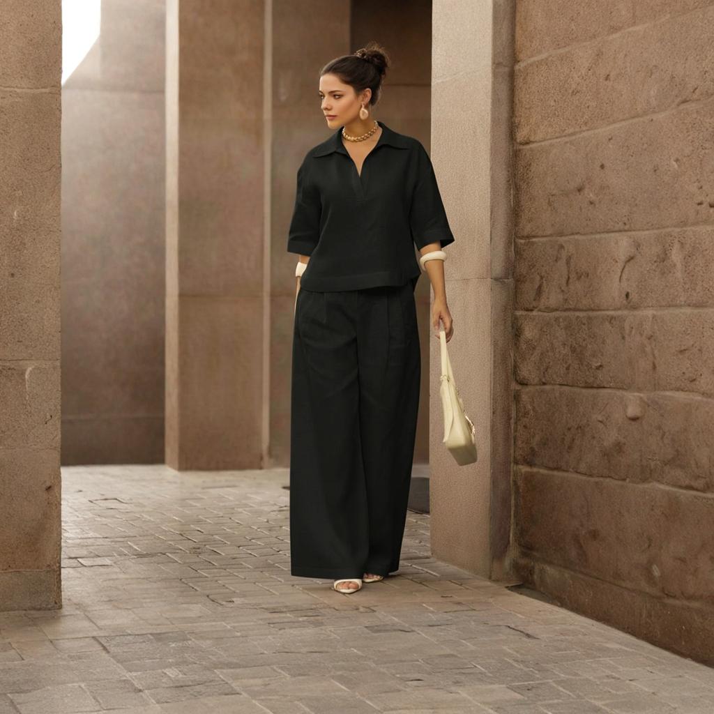 Women's Casual Two-piece Collar Top And Wide Leg Pants Set