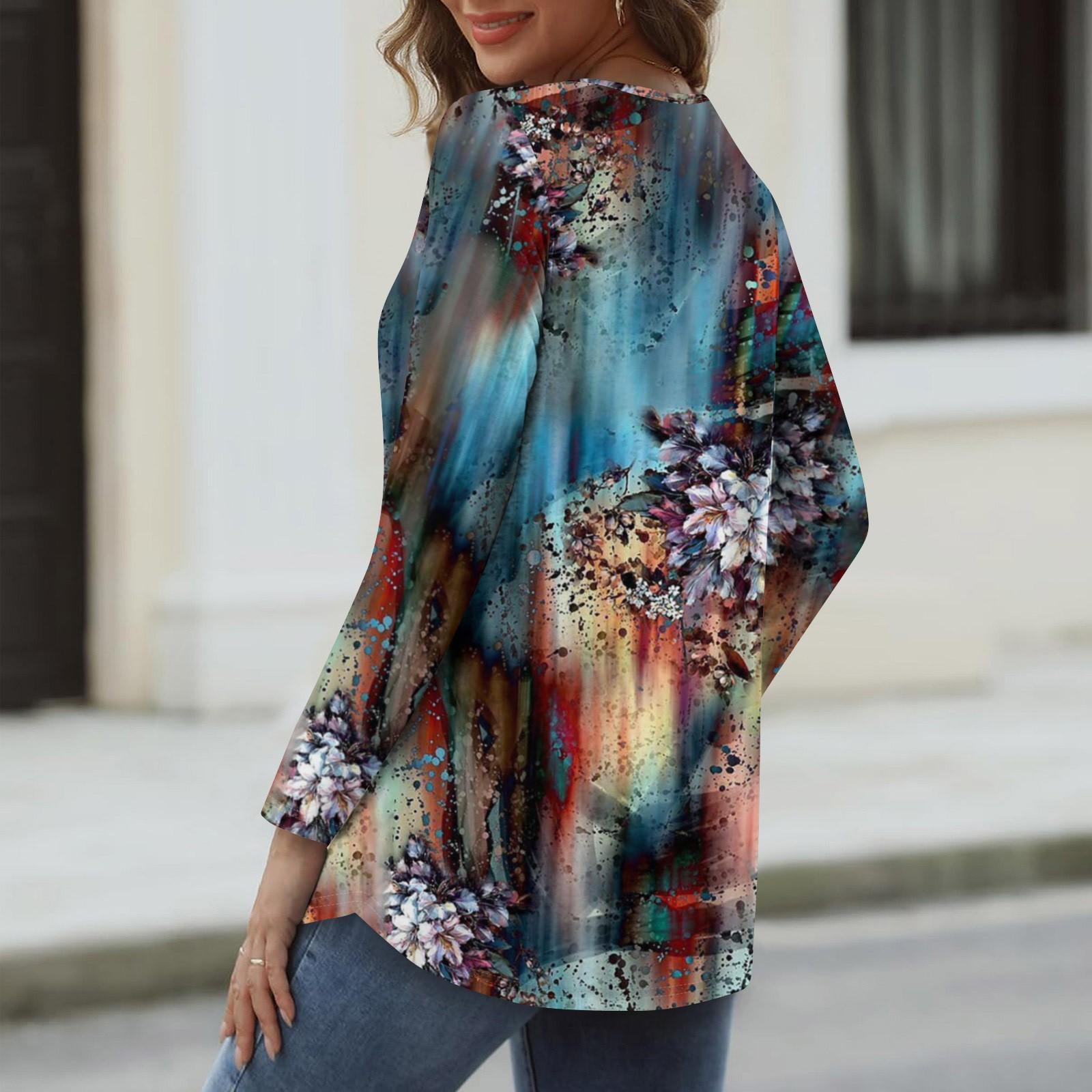 

Жіноча футболка з V-подібним вирізом і ретро-квітковим принтом з довгими рукавами M