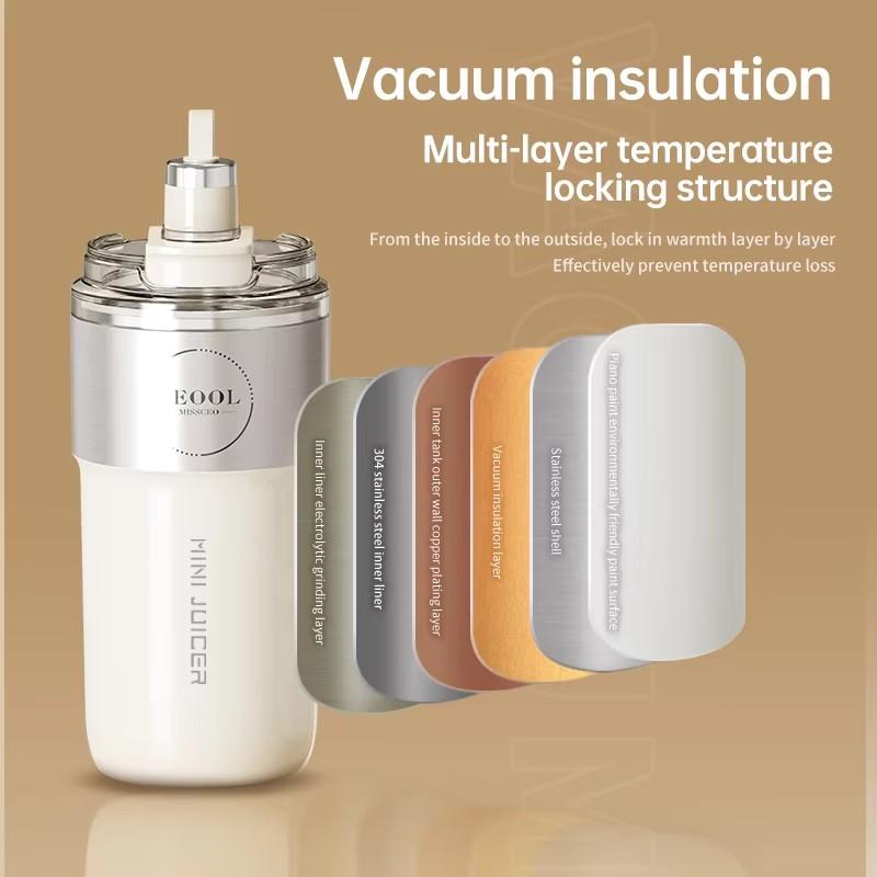 350ml Stainless Steel Portable Vacuum Juicer with USB Charging, Double-Layer Insulation and 26-Blade High-Speed Motor for Fresh