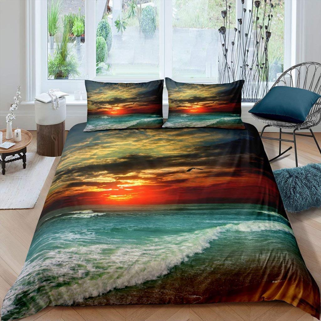 Comforter Beach Sea Wave Ocean Sunset Hawaiian Palm Tree Wave Comforter Tropical Island And Sea Beach Nature Theme Decor