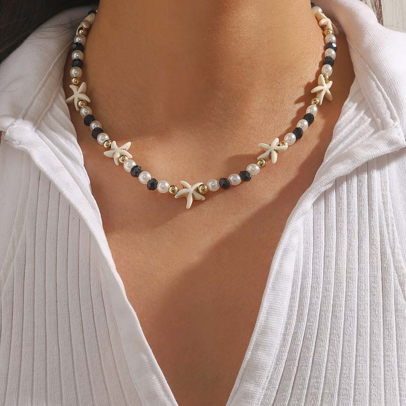 Bohemian Starfish Pearl Choker Necklace for Women Girl Fashion Creative Crystal Handmade Beaded Necklaces Beach Jewelry Gift
