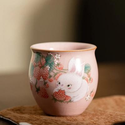 Ru Ofen Erdbeere Hase Teetasse Japanische Keramik Teetassen Chinesische Kungfu Teetasse Retro Rosa Persönliche Teewaren Trinkgeschirr Geschenkbox