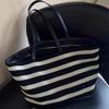 Black and White Striped Tote Bag 2025 Woven Large Capacity Single Shoulder Women's Bag Lazy Style Lightweight Vacation Bag Shopping Bag for Women
