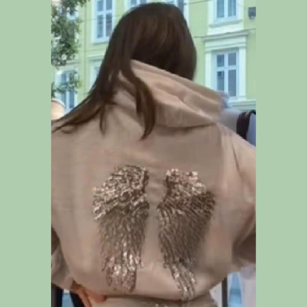 2KWEIRD Women's Shinny Sequin Angel Wings Hooded Jacket Pant Long Sleeve Loose Casual Hooded Pullover New Lady Y2K Autumn Outwears