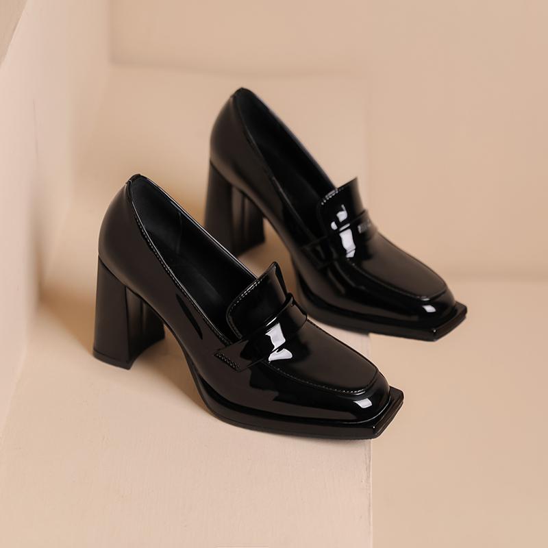Spring New Square Headed Lacquer Leather Women's Single Shoes with Thick Heels Waterproof Platform Cover Feet  Shoes