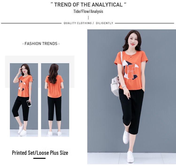 Women's Plus Size Summer Fashion Slimming Two-Piece Set - Short Sleeve Top & Capris